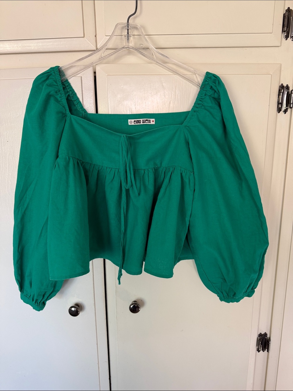 Ciao Lucia Green Puff-Sleeve Tie-Front Blouse